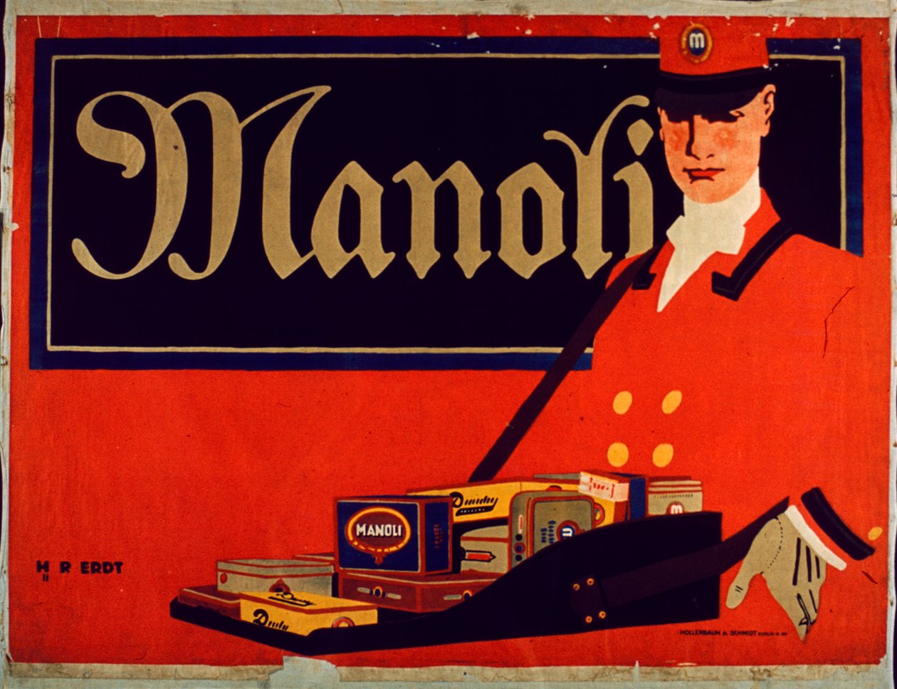Advertentie voor Manoli sigaretten door Hans Rudi Erdt