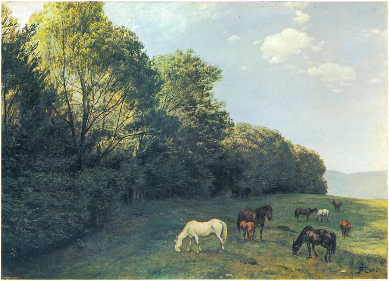 Landschap met grazende paarden door Hans Thoma