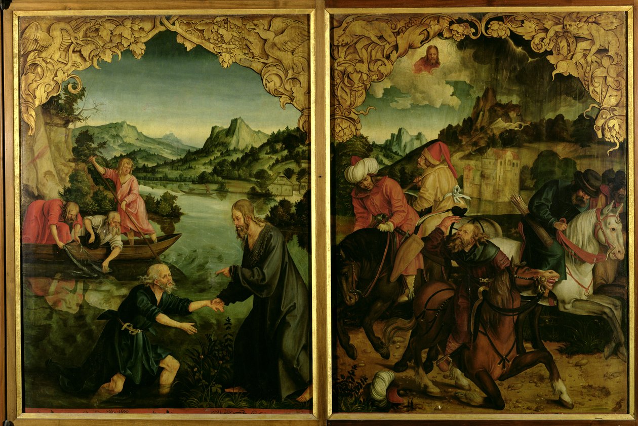 Verhalen van S.S. Petrus en Paulus altaarstuk: detail met L tot R, roeping van St. Petrus, bekering van St. Paulus (detail) door Hans von Klumbach