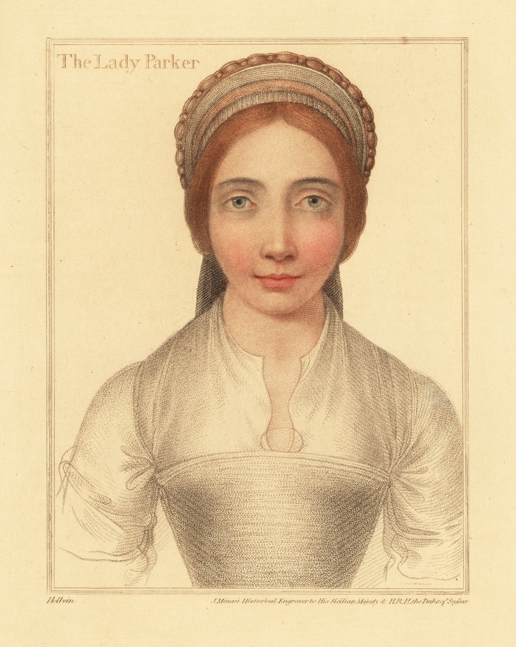 Lady Parker, vrouw van Sir Henry Parker, 1812 (gravure) door Hans (after) Holbein the Younger