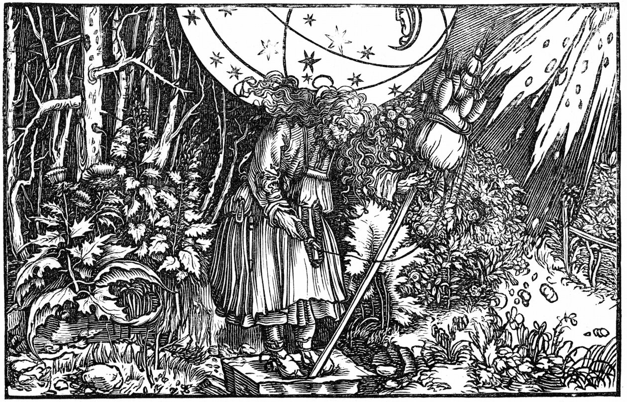 Oude vrouw (heks of fee) aan het spinnen door Hans (after) Holbein the Younger