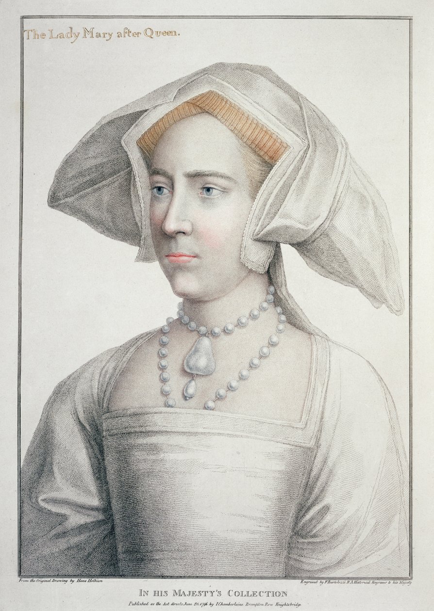 Portret van Lady Mary na koningin (1516-58) gegraveerd door Francesco Bartolozzi (1727-1815) 1796 door Hans (after) Holbein the Younger