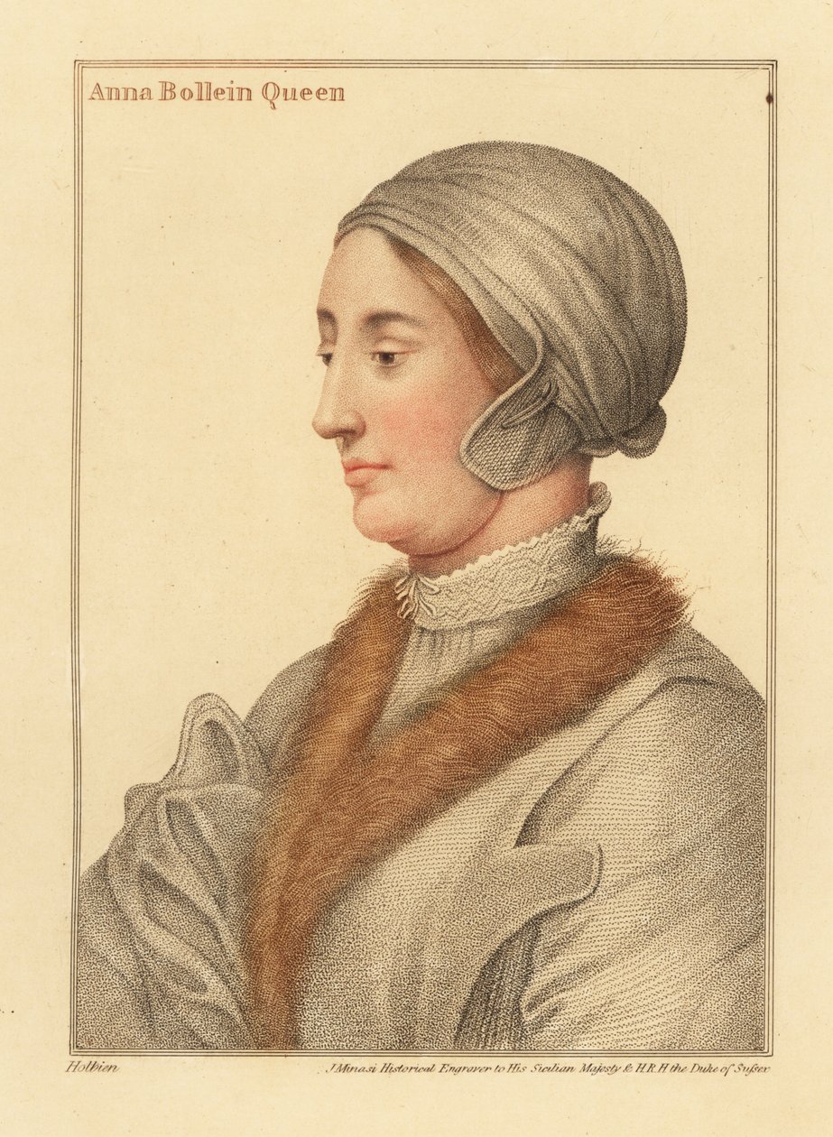 Koningin Anne Boleyn, tweede vrouw van Koning Henry VIII door Hans (after) Holbein the Younger