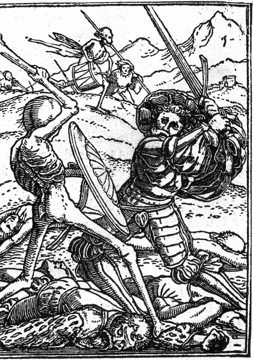 De schijnbare dood van Hans Holbein de Jonge: de soldaat. Een soldaat vecht tegen de Dood; aan hun voeten liggen de lichamen van andere krijgers. Gravure. door Hans (after) Holbein the Younger
