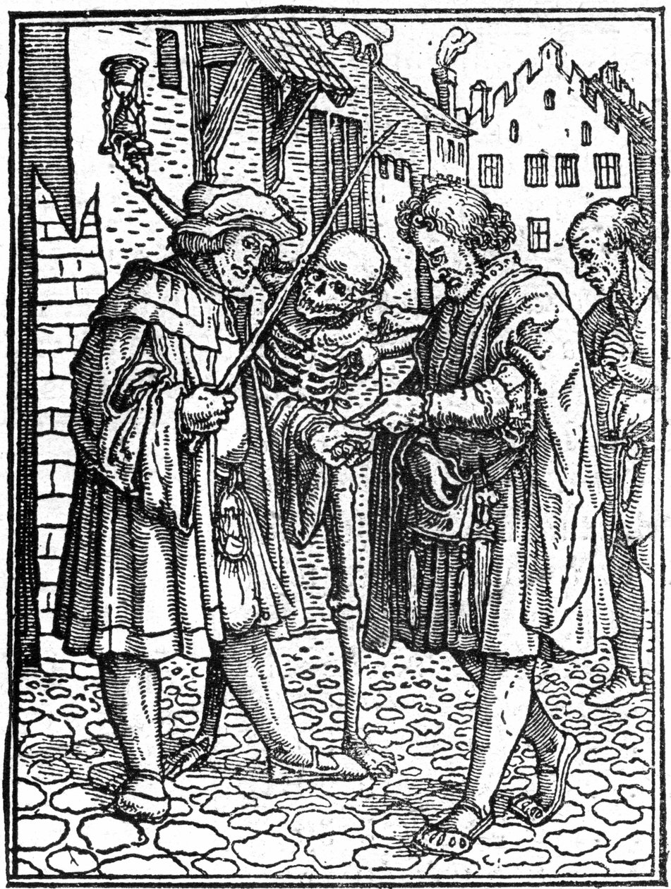 De schijnbare dood van Hans Holbein de Jongere: de advocaat (gravure) door Hans (after) Holbein the Younger