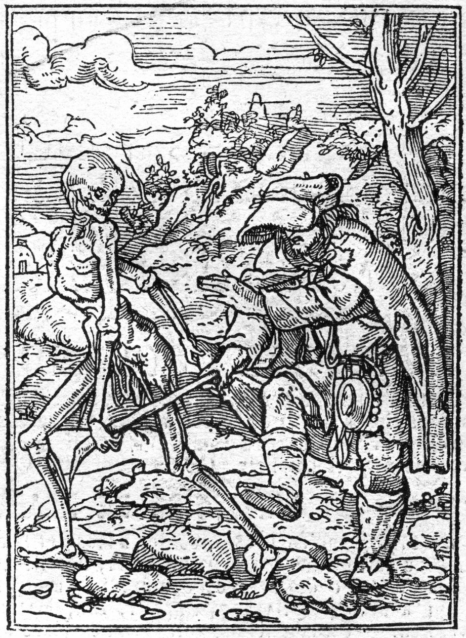 De simulacra van de dood van Hans Holbein de Jongere (1497-1543): de blinde. De dood grijpt de stok van de blinde en fungeert als gids. Gravure. door Hans (after) Holbein the Younger