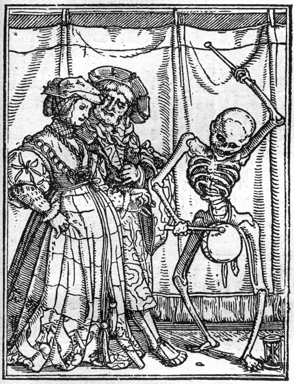 De simulacra van de dood van Hans Holbein de Jongere (1497-1543): de echtgenoten. De dood speelt de trommel voor een echtpaar. Gravure. door Hans (after) Holbein the Younger