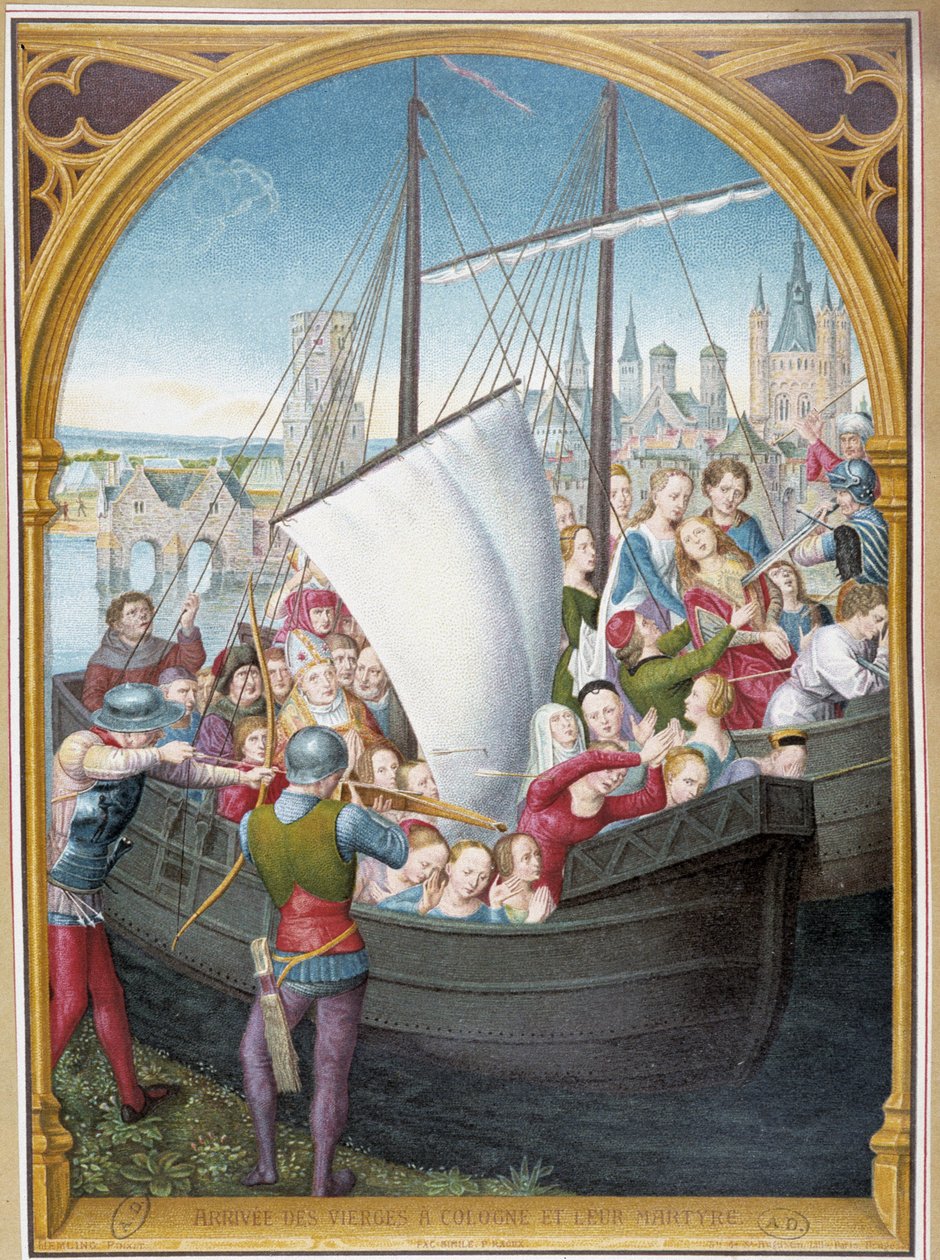 Landing van de maagden in Keulen en hun martelaarschap, naar schilderij van Sint-Ursula, Brugge, door Memling door Hans (after) Memling