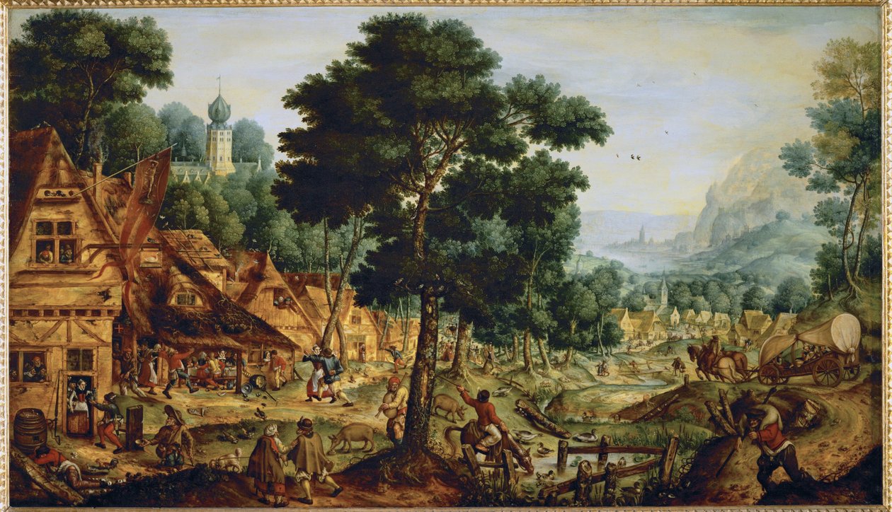 Het leven in een Vlaams dorp ... (schilderij op hout) door Hans (circle of) Bol