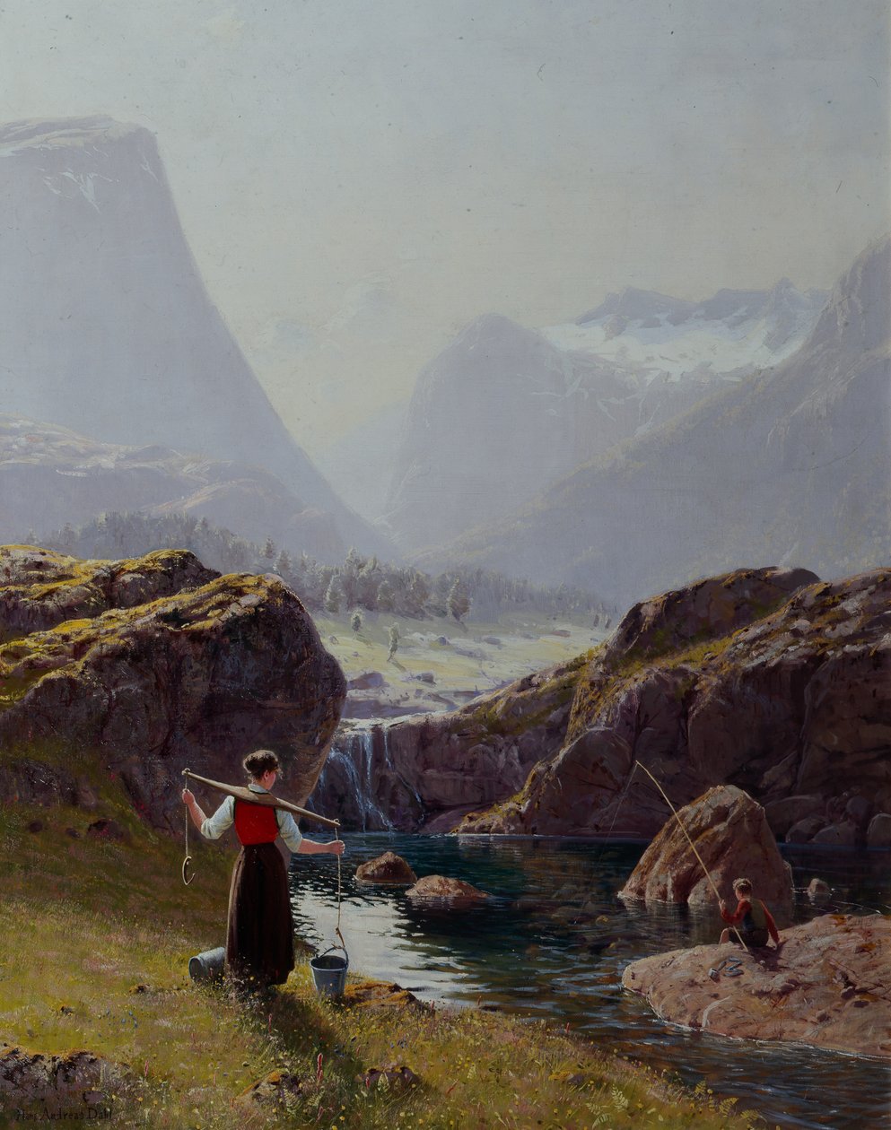 Meisje met emmers water en jongen die vist door Hans Andreas Dahl