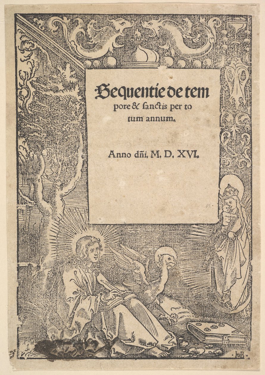 Sint Jan de Evangelist op Patmos, titelpagina uit Hymni de tempore et de sanctis, 1516 door Hans Baldung