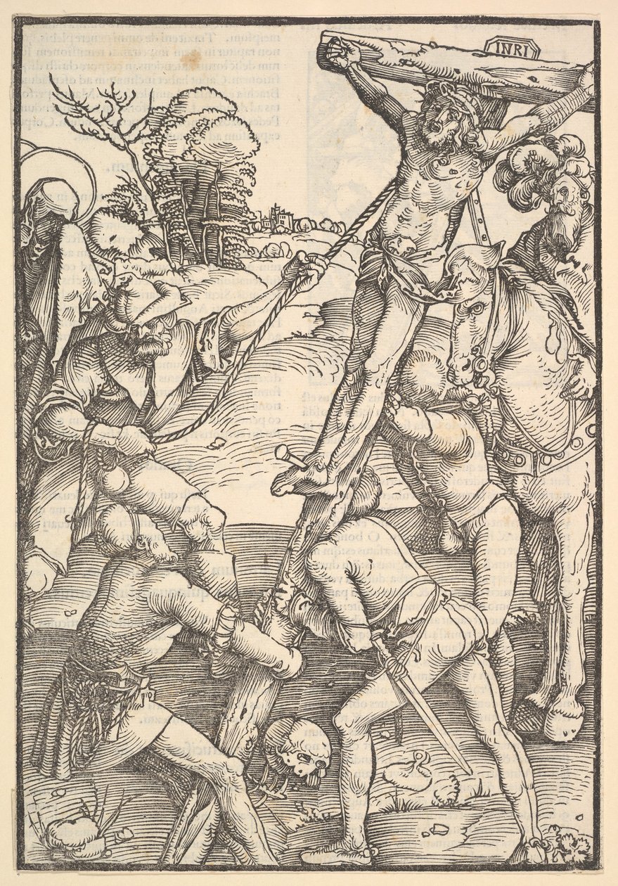 De kruisoprichting (verso: De kruisoprichting, uit Speculum Passionis Domini) door Hans Baldung