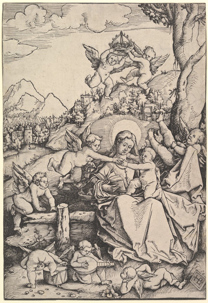 De Maagd en het Kind met Acht Engelen in een Landschap door Hans Baldung