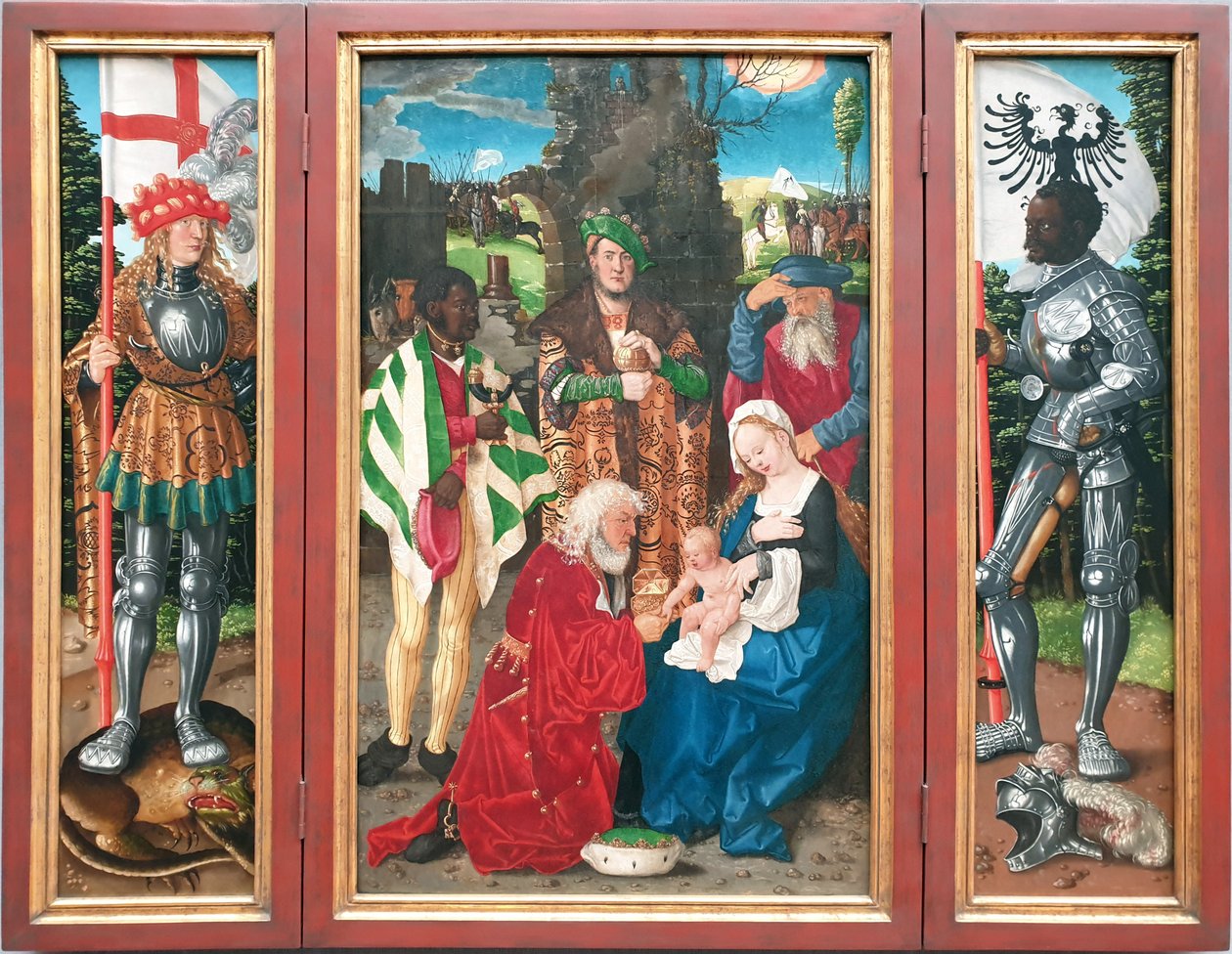 Drie koningen altaarstuk
Links: Sint Joris
Midden: De aanbidding der koningen

Rechts: Sint Mauritius door Hans Baldung Grien