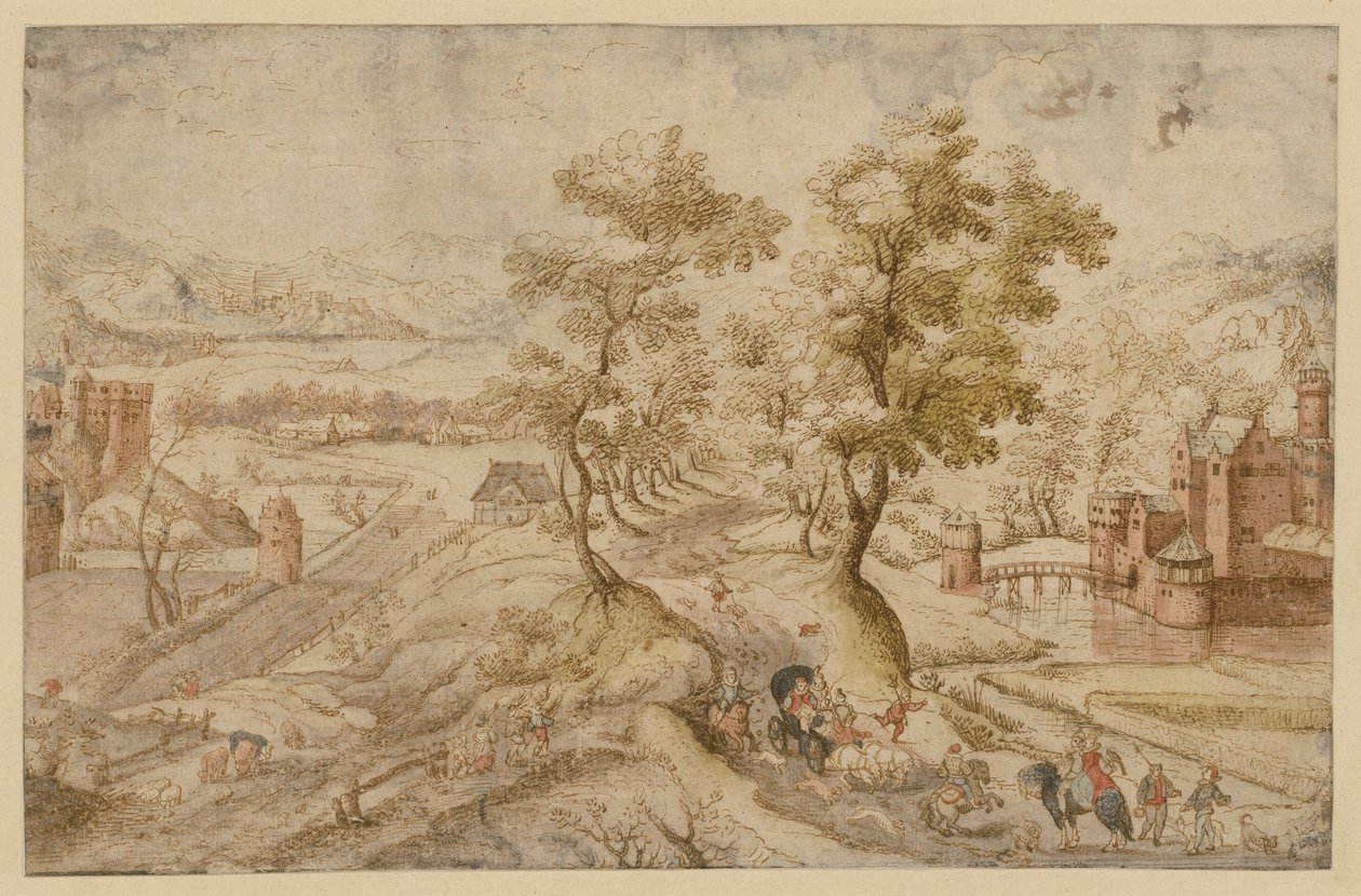 Heuvelachtig landschap met twee waterburchten door Hans Bol