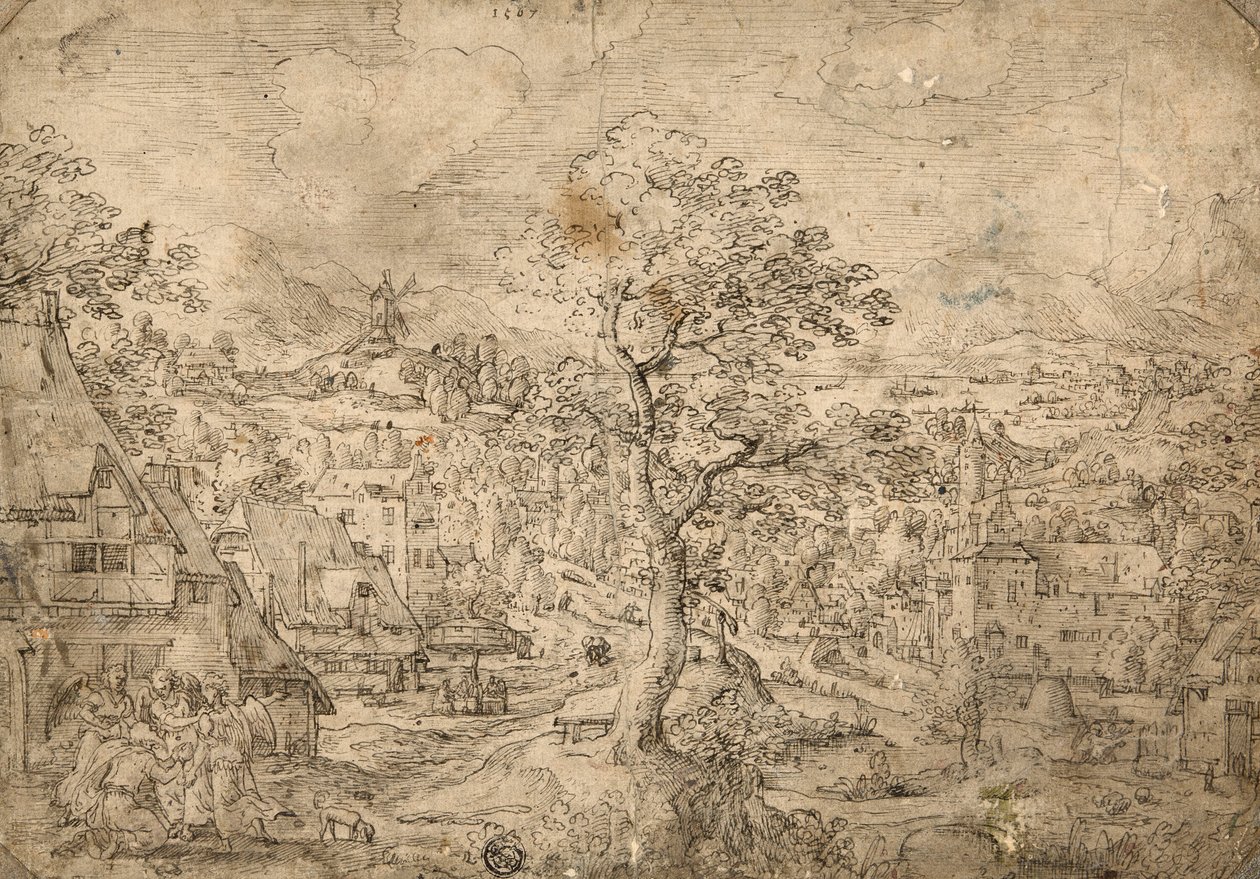 Landschap met Abraham en engelen door Hans Bol