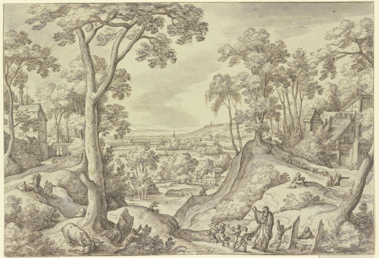 Landschap met de profeet Elisa door Hans Bol