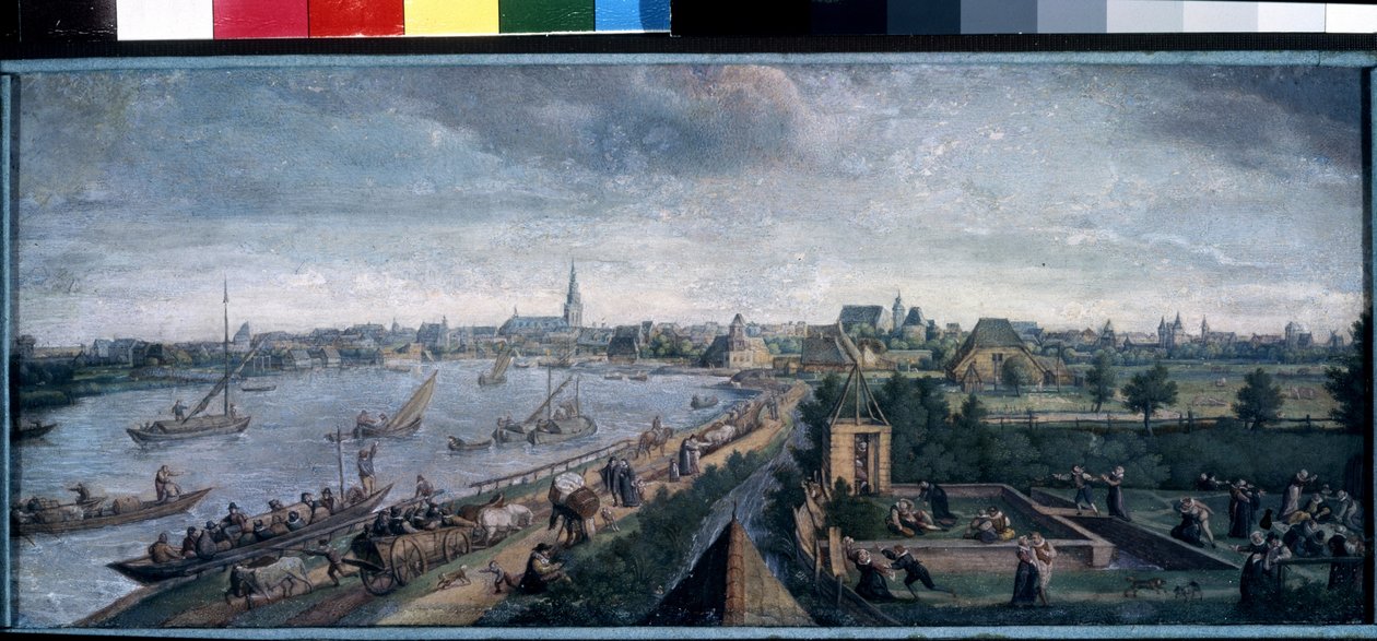 De geneugten van het platteland, scène van een wandeling langs de rivier, een dorpsbal, picknick en buitenspelen. door Hans Bol