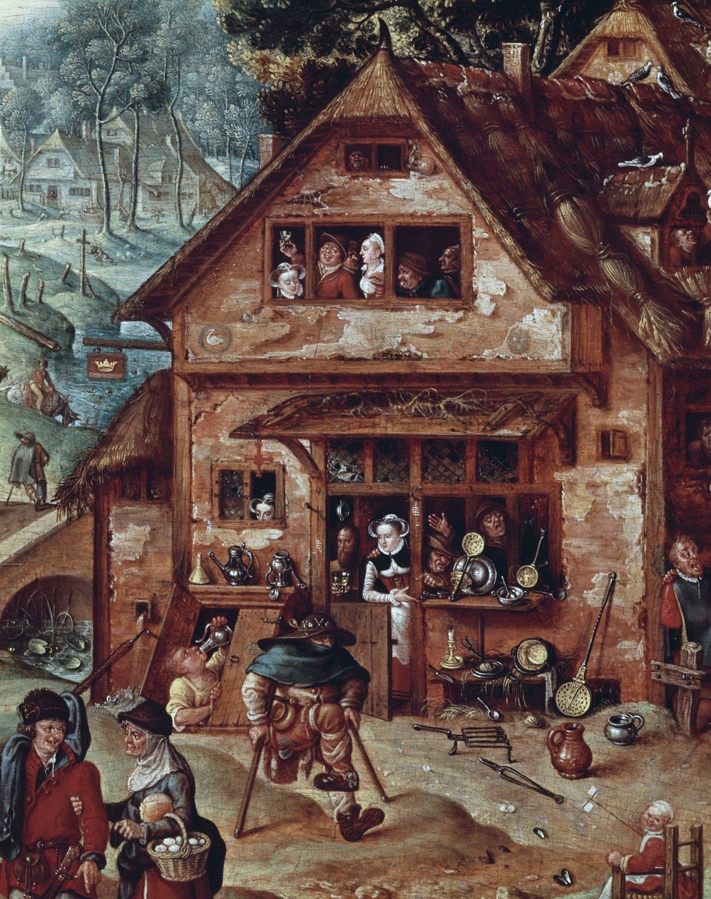 Taverne, detail van dorpsscène, schilderij door Hans Bol (1534-1593) door Hans Bol