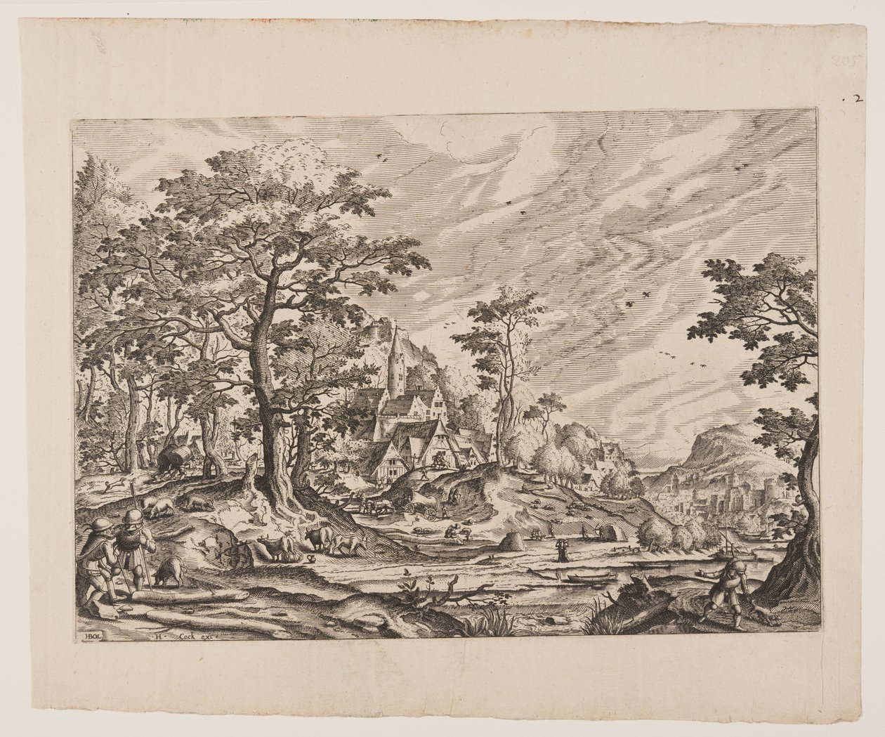 Gezicht op een dorp, een man die een kruiwagen draagt, plaat 8 uit Landscapes with Views of Villages door Hans Bol