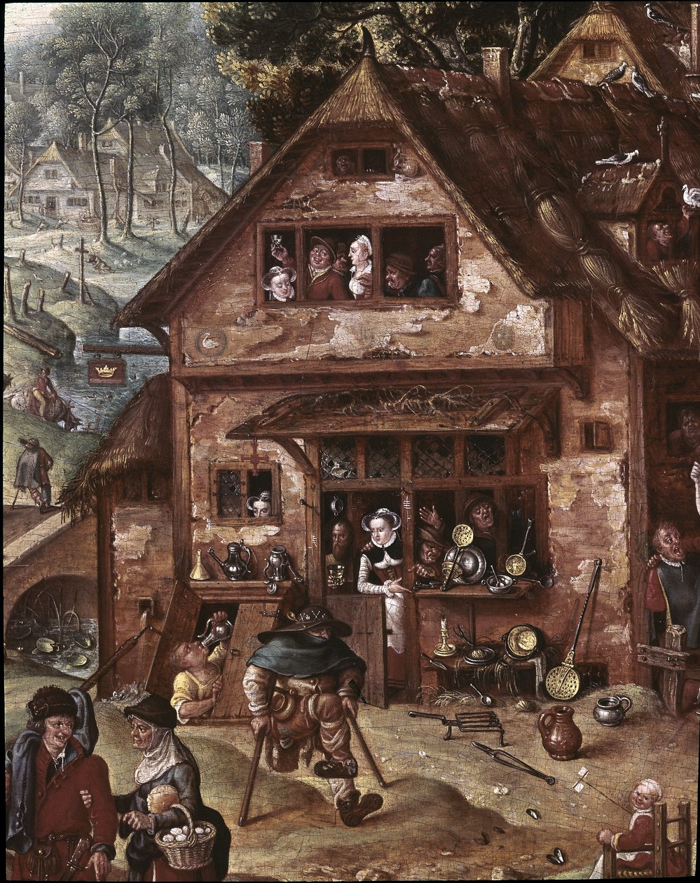 Uitzicht op het dorp met burleske scènes. Detail van de taverne door Hans Bol