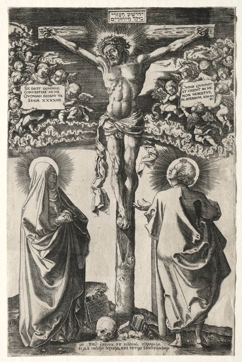 Christus aan het kruis tussen de maagd en St. Johannes door Hans Brosamer
