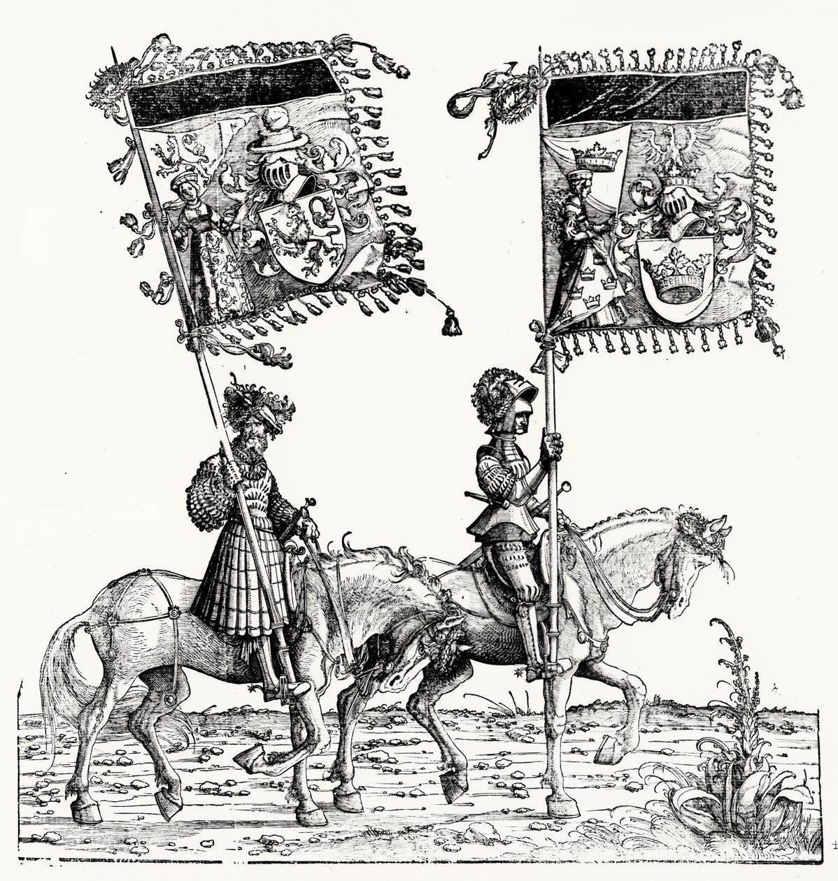 Twee bereden ridders, uit Maximiliaans Triomftocht, c.1516-18 door Hans Burgkmair