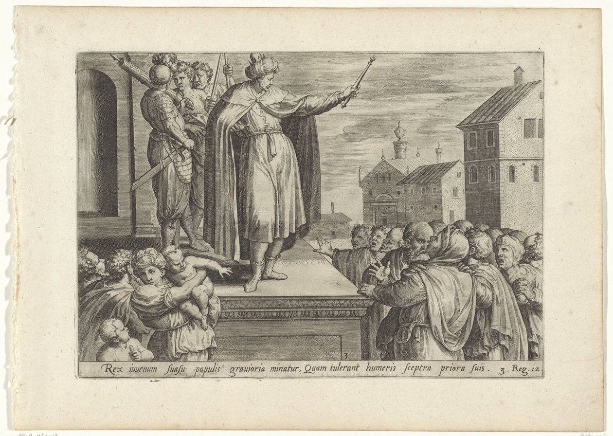 Rechabeam antwoordt het volk door Hans Collaert (I) (attributed to)