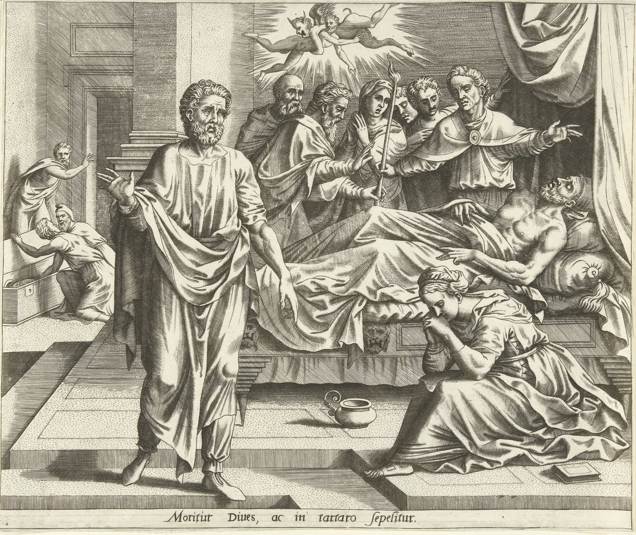 De dood van de rijke man (De geschiedenis van Lazarus en de rijke man) door Hans Collaert (I) (possibly)