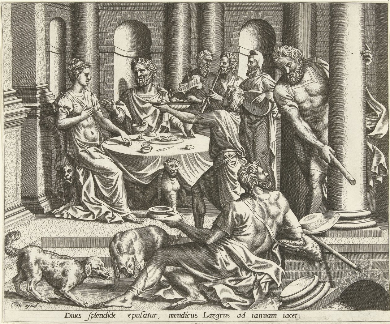Lazarus bedelt voor het huis van de rijke man door Hans Collaert (I) (possibly)