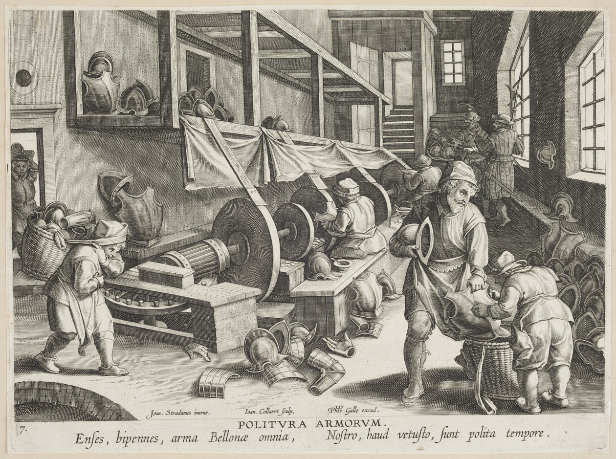 Politura Armorum (Polijsten van Wapens), plaat 17 uit de serie Nova Reperta (Moderne Ontdekkingen) ca. 1588 (gravure op geperst papier) door Hans Collaert