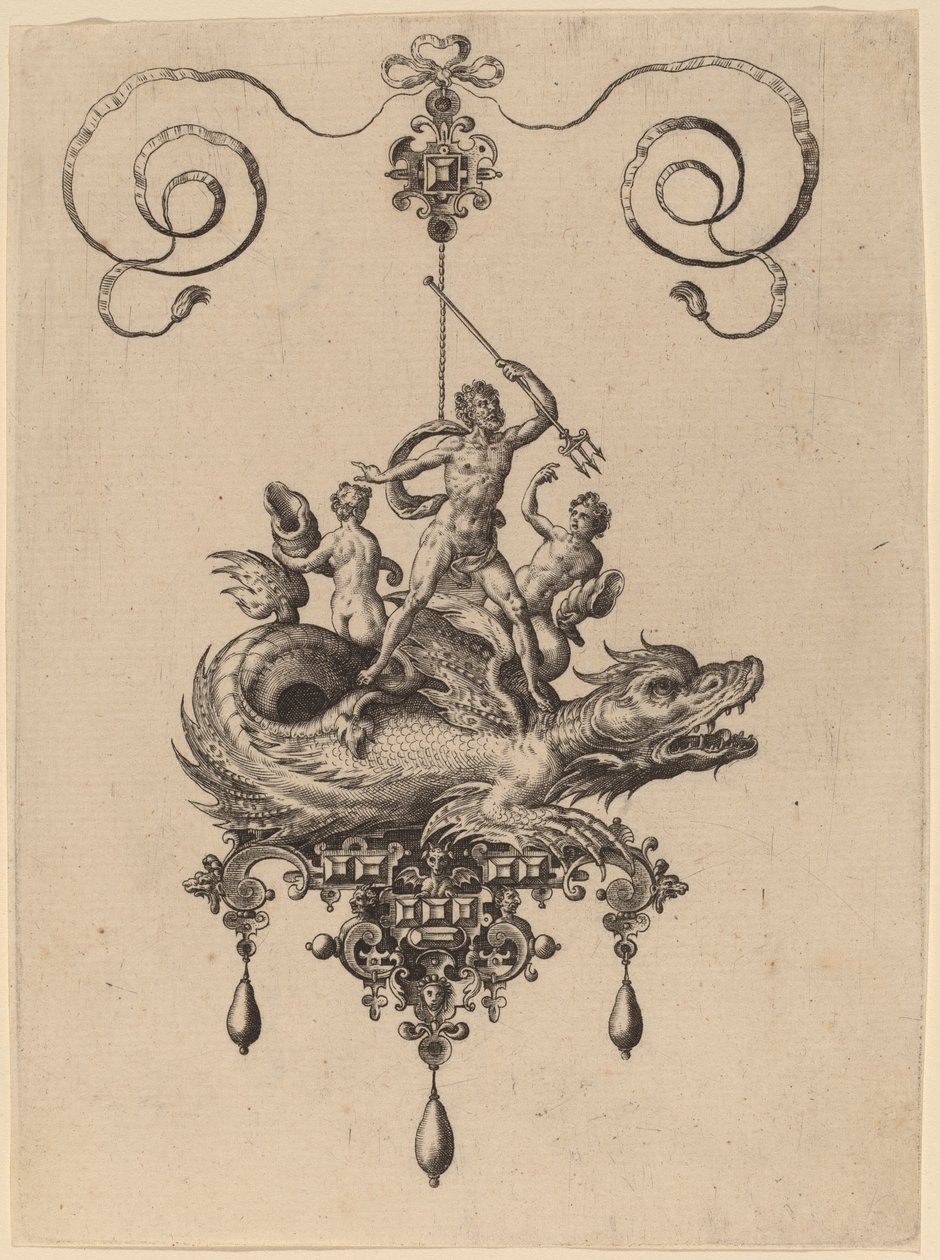 Ontwerp voor een hanger met een zeemonster dat Neptunus draagt, geflankeerd door twee figuren door Hans Collaert the Elder