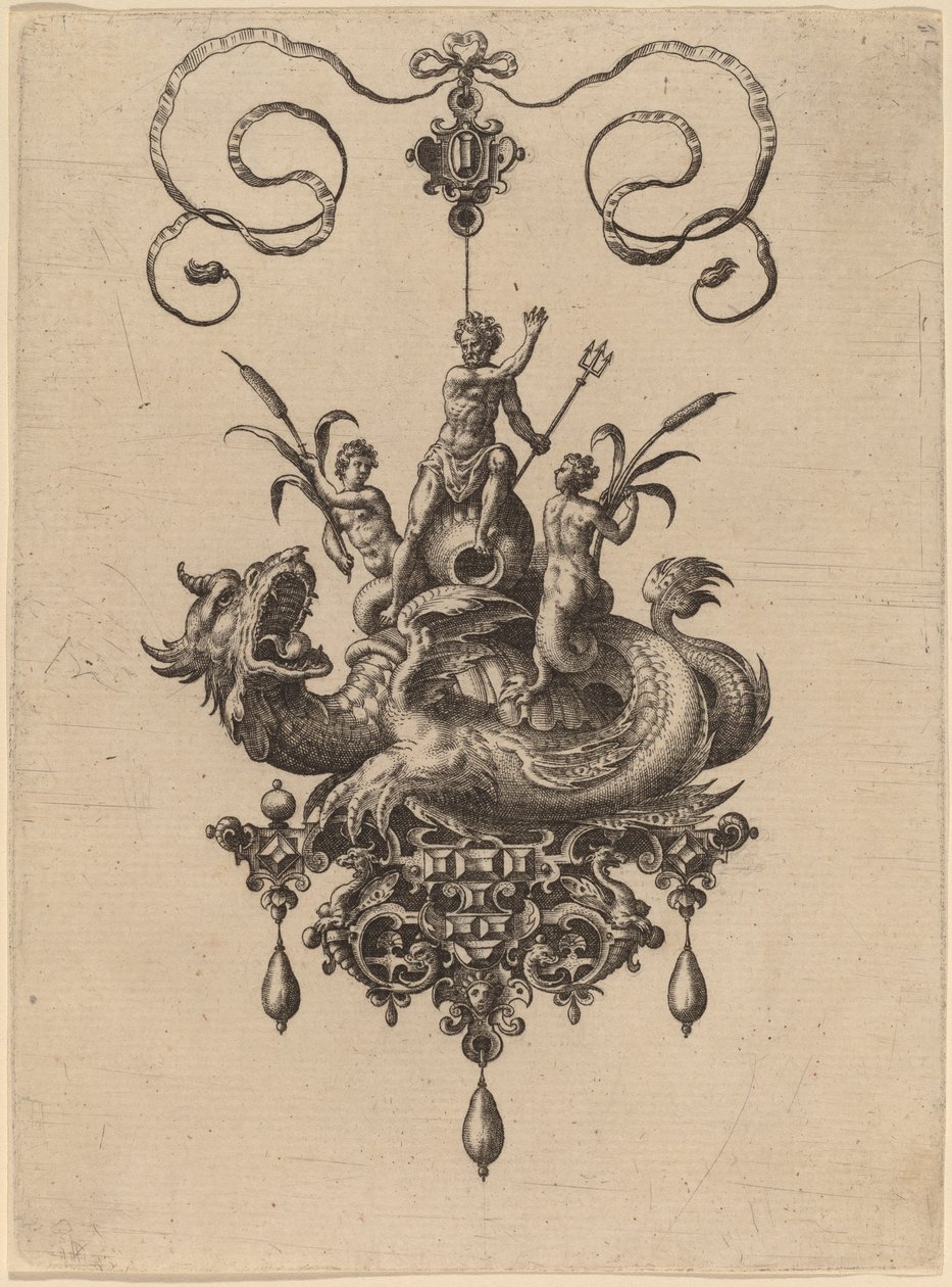 Ontwerp voor een Hanger met een Zeemonster dat Neptunus Draagt Geflankeerd door Twee Nereïden door Hans Collaert the Elder