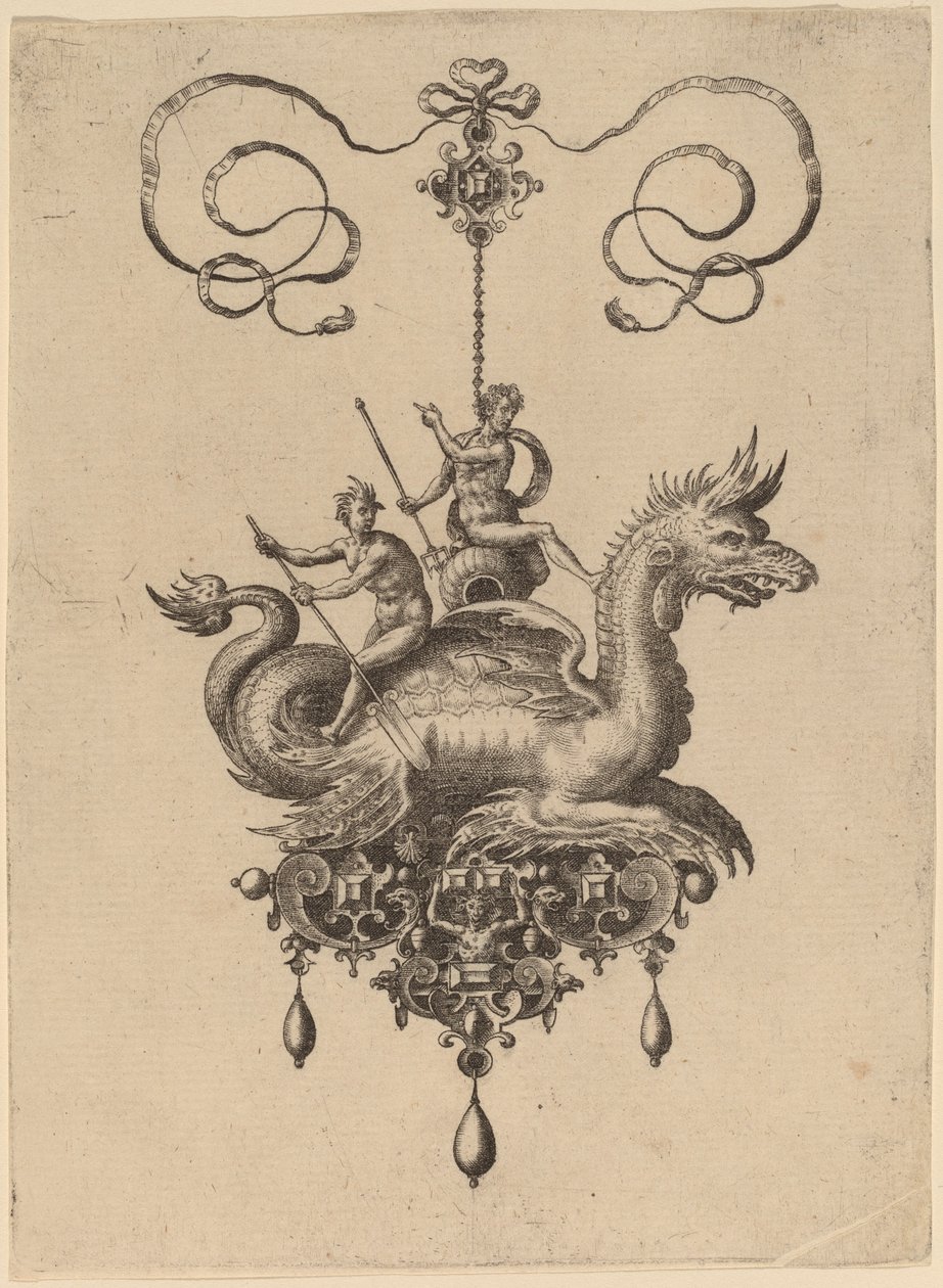 Ontwerp voor een hanger met een zeemonster dat Neptunus draagt op een urn geflankeerd door een riviergod met een roeispaan door Hans Collaert the Elder