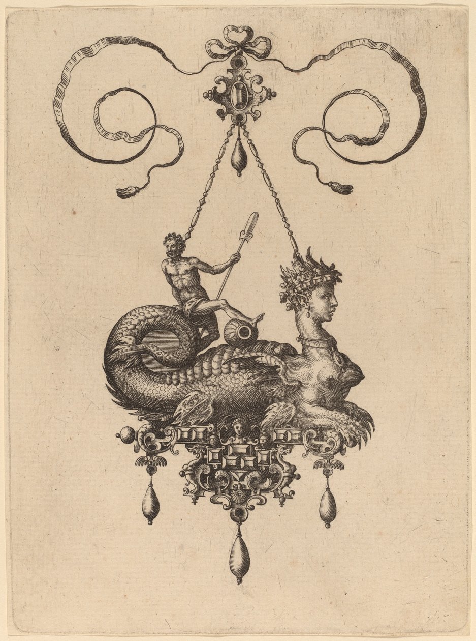 Ontwerp voor een Hanger met een Sfinx met het Lichaam van een Vis die een Man met een Roeispaan Draagt door Hans Collaert the Elder
