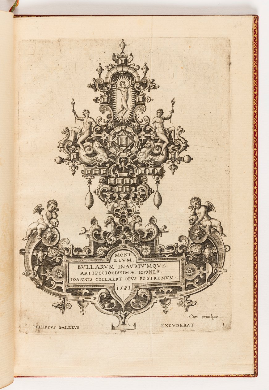 Plaat 1, Titelpagina uit een reeks van tien, getiteld Monilium Bullarum Inauriumque Artificiocissimae Icones, Ioannis Collaert Opus Postremum (Ontwerpen voor halskettingen, hangers en oorbellen van de hoogste vaardigheid, het laatste werk van Joannis Colla door Hans Collaert the Elder