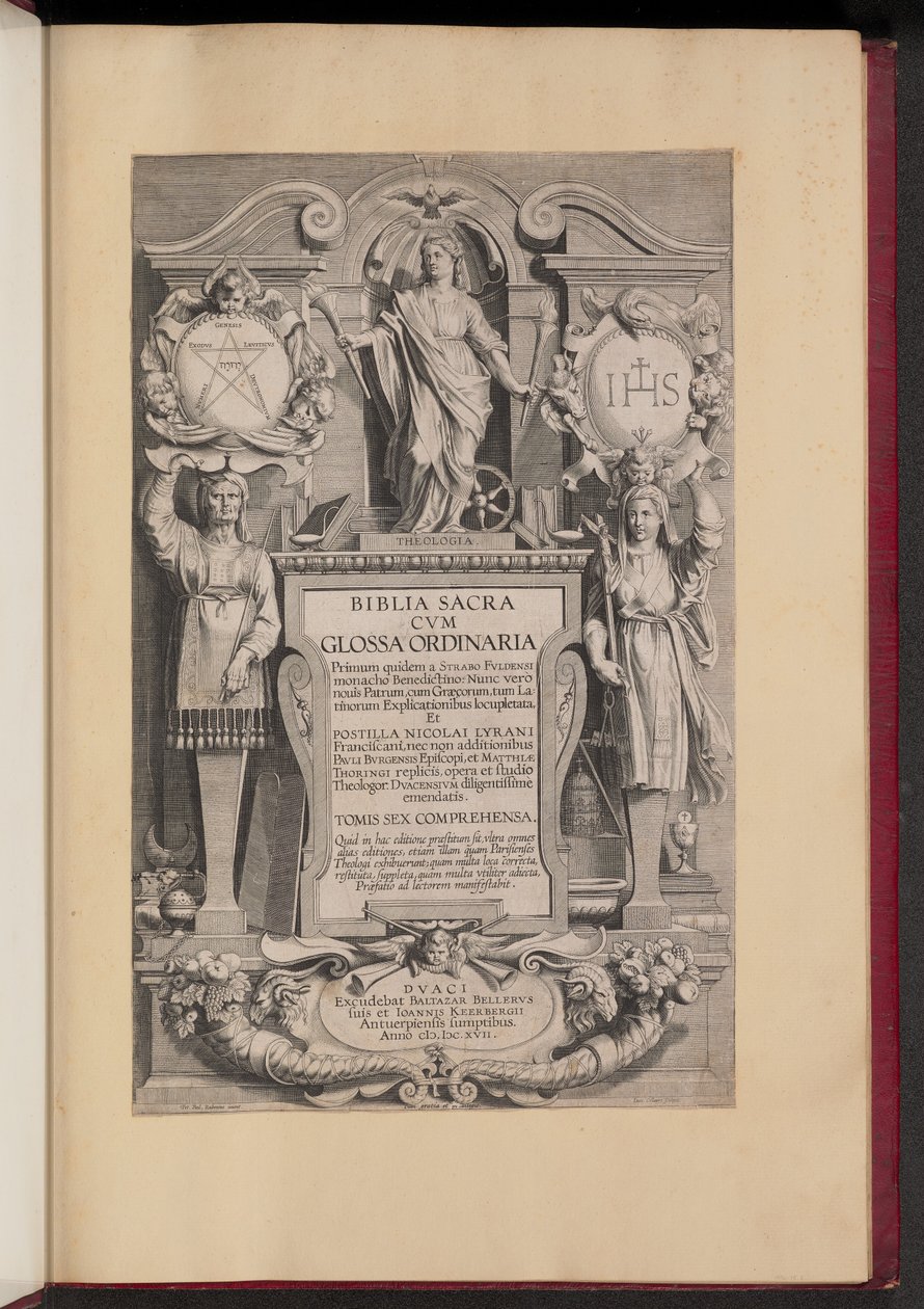 Titelpagina voor Biblia Sacra Cvm Glossa Ordinaria door Hans Collaert the Younger after Sir Peter Paul Rubens