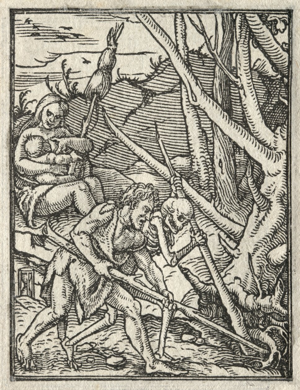 De dans van de dood: Verdrijving uit het paradijs; Adam bewerkt de grond door Hans Holbein