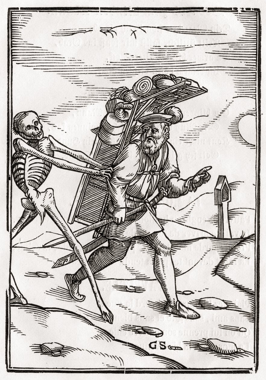 De Dood komt naar de Kramers, gegraveerd door Georg Scharffenberg, uit 