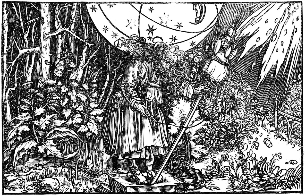 Oude vrouw heks of fee aan het spinnen, 1547 door Hans Holbein der Jüngere