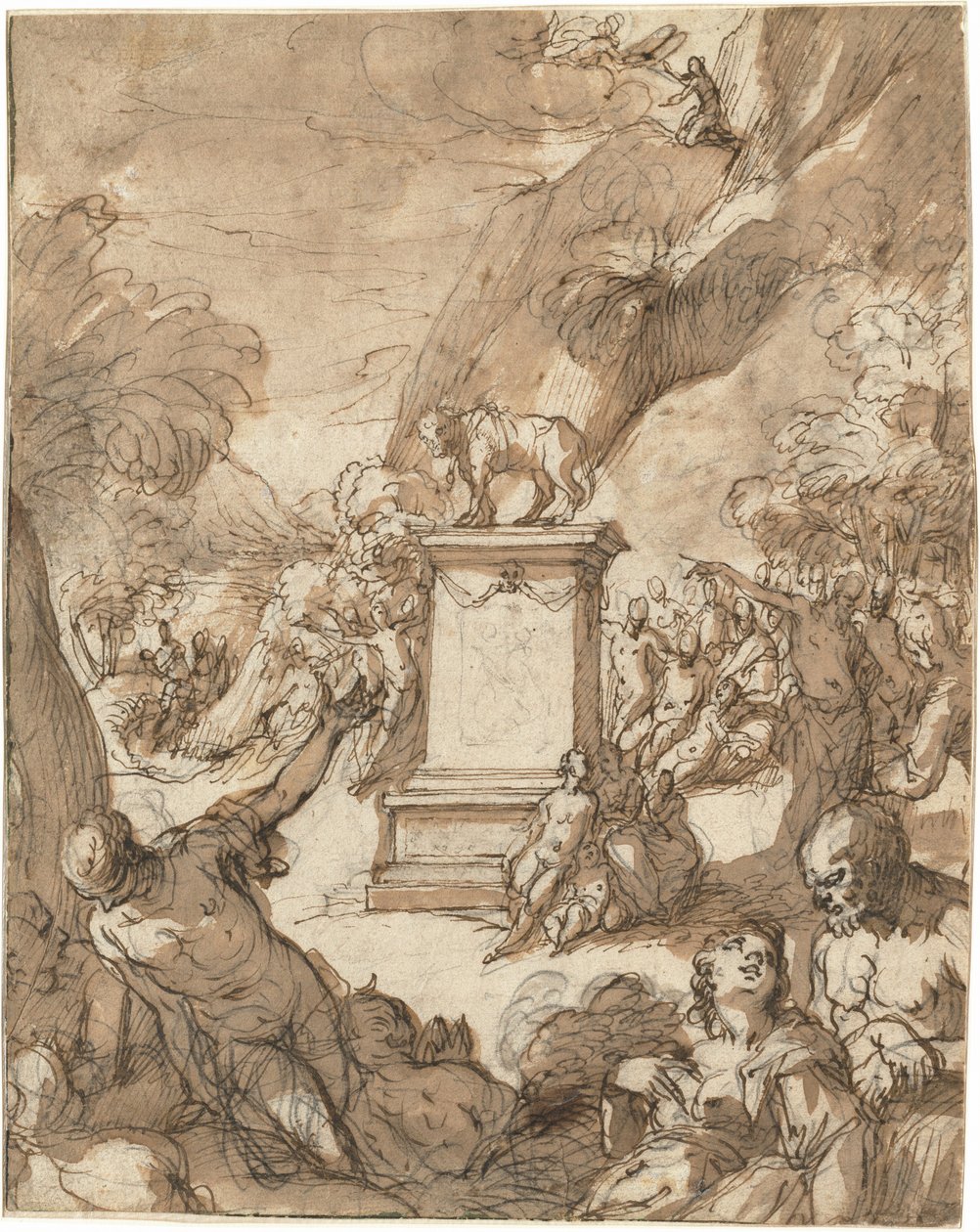 De aanbidding van het Gouden Kalf door Hans I or Johann Rottenhammer
