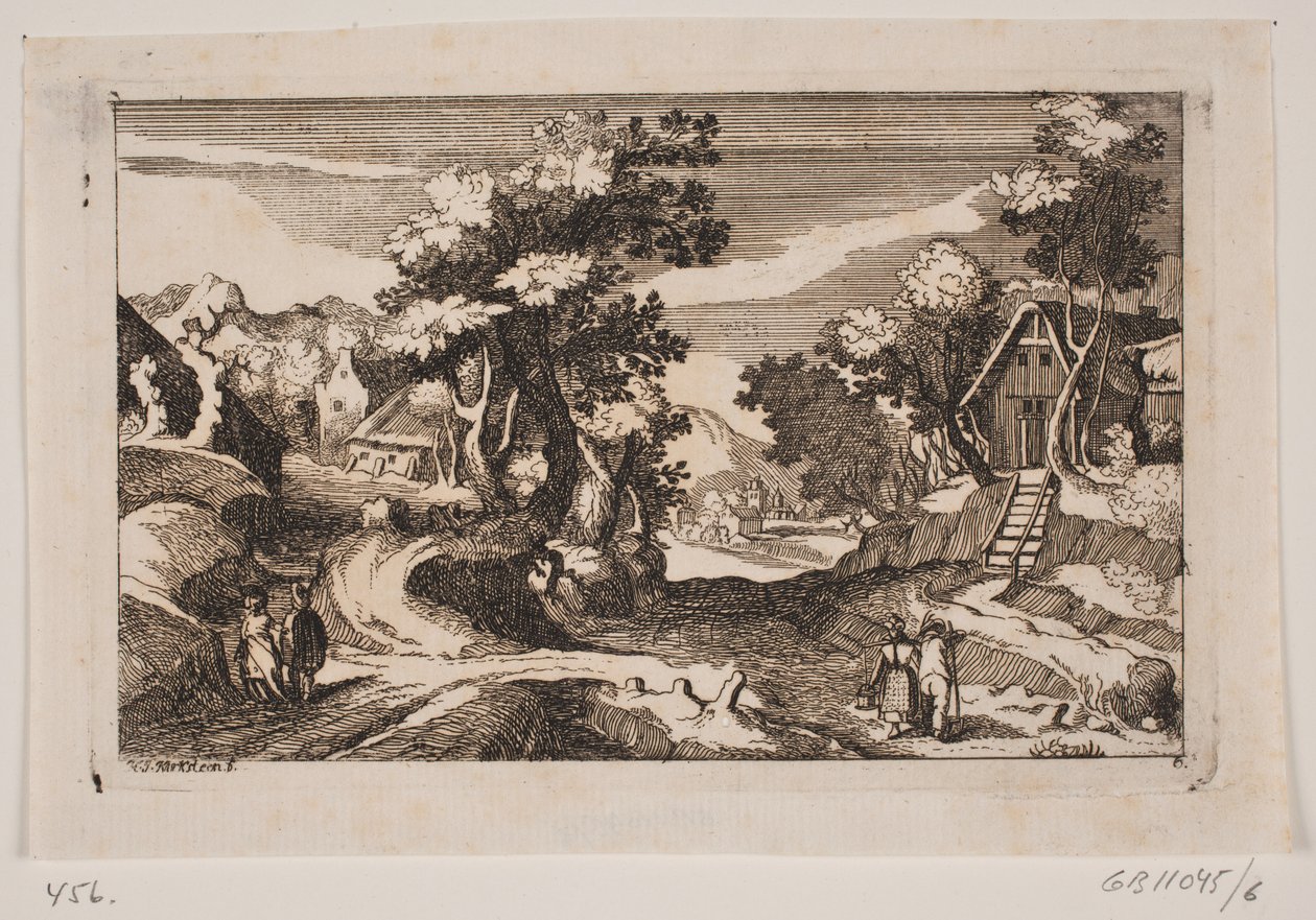 Heuvelachtig landschap met boerderijen. Op de voorgrond een melkmeisje en een boer met hooivork door Hans Jørgen Kirksteen