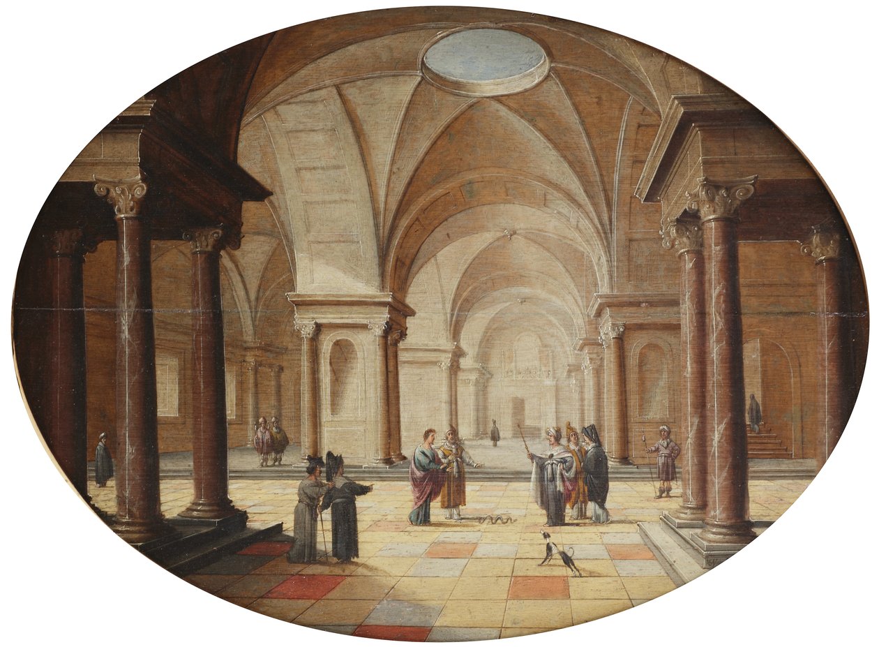 Een klassiek paleisinterieur met Mozes die de scepter van de farao in een slang verandert door Hans Juriaensz. van Baden
