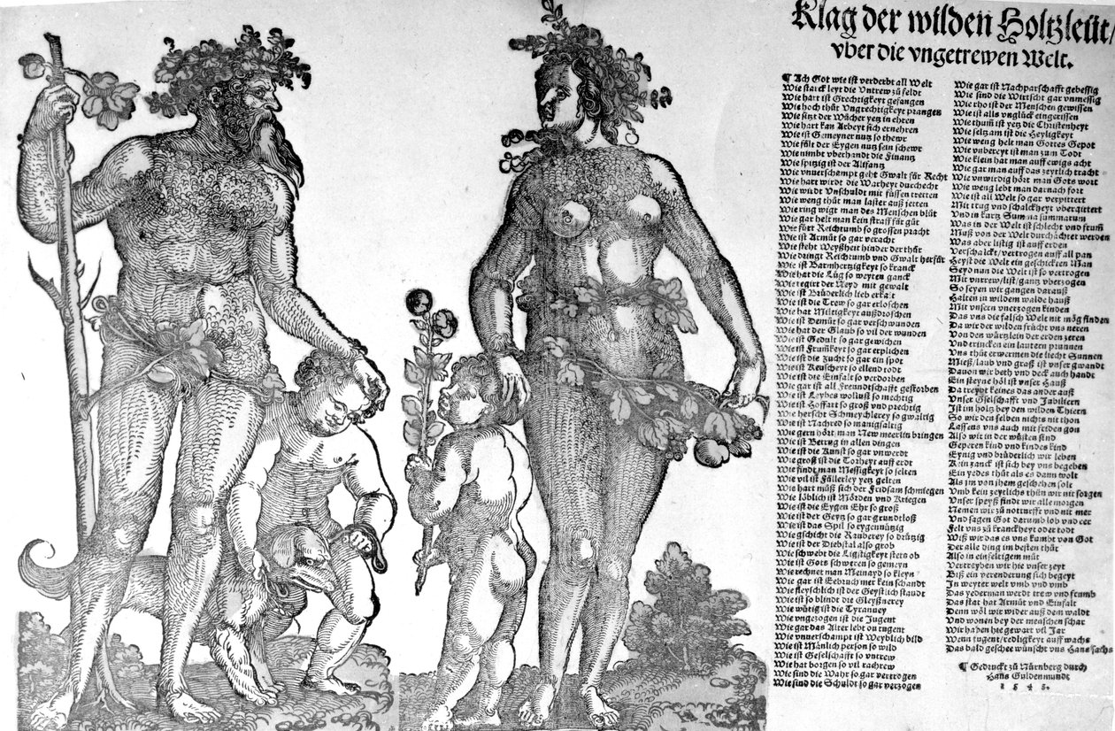 Pamflet over de terugtrekking van de wilde mannen uit de bossen uit een wereld die ten slechte is veranderd, houtsnede gemaakt door Hans Guldenmundt, 1545 door Hans Leonard Schaufelein