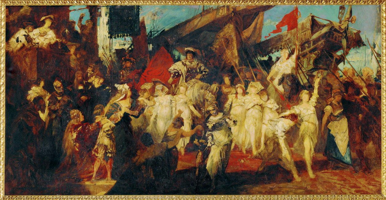 Intocht van keizer Karel V in Antwerpen ... (schilderij op doek) door Hans Makart