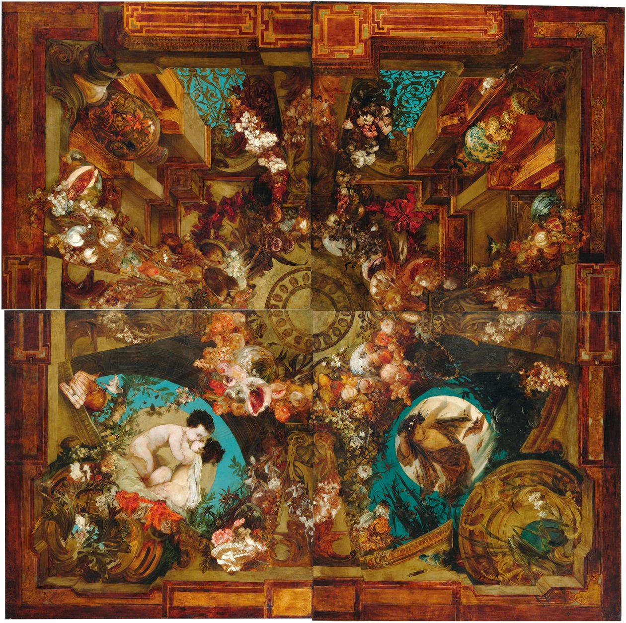 Nacht en ochtend, plafondschildering in vier delen door Hans Makart