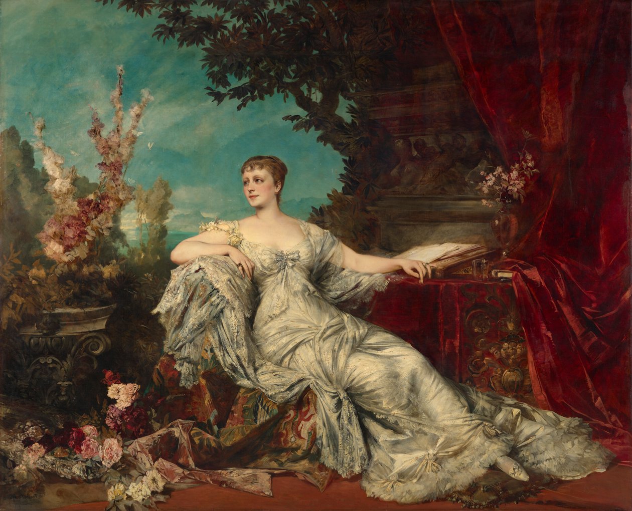 Zittend portret van gravin Gabrielle Louise Marie Duchâtel (1854-1889), echtgenote van de Franse ambassadeur in Wenen door Hans Makart