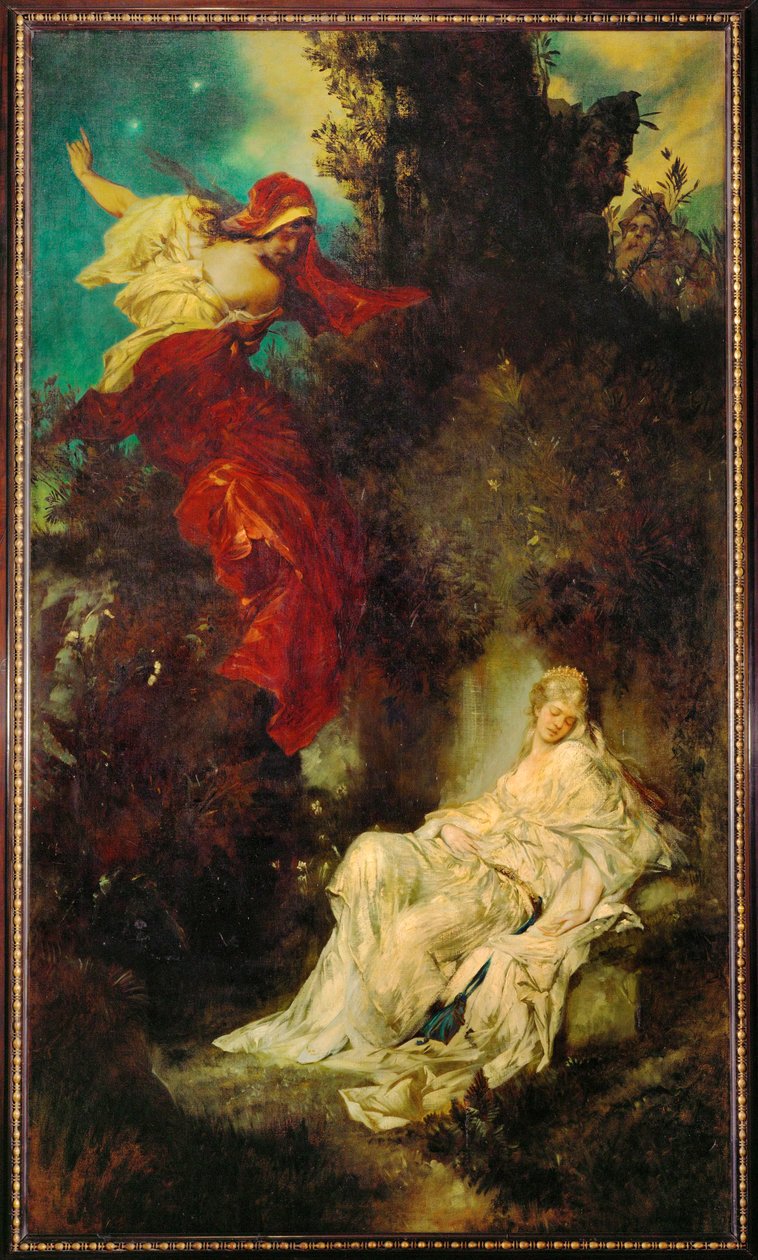 Sneeuwwitje ontvangt de vergiftigde kam ... (schilderij op doek) door Hans Makart