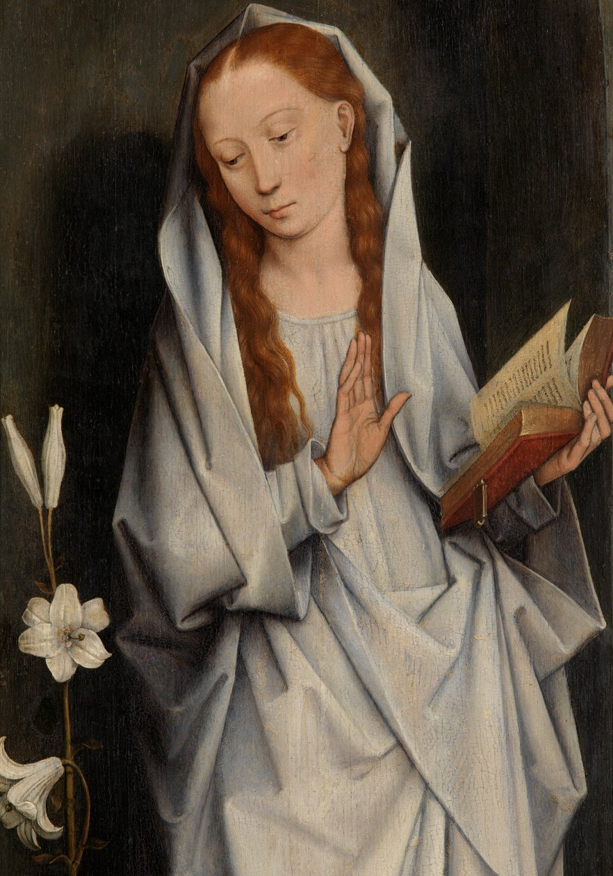 Detail (Maagd, van de achterkant van een paar vleugels met de Aankondiging) door Hans Memling
