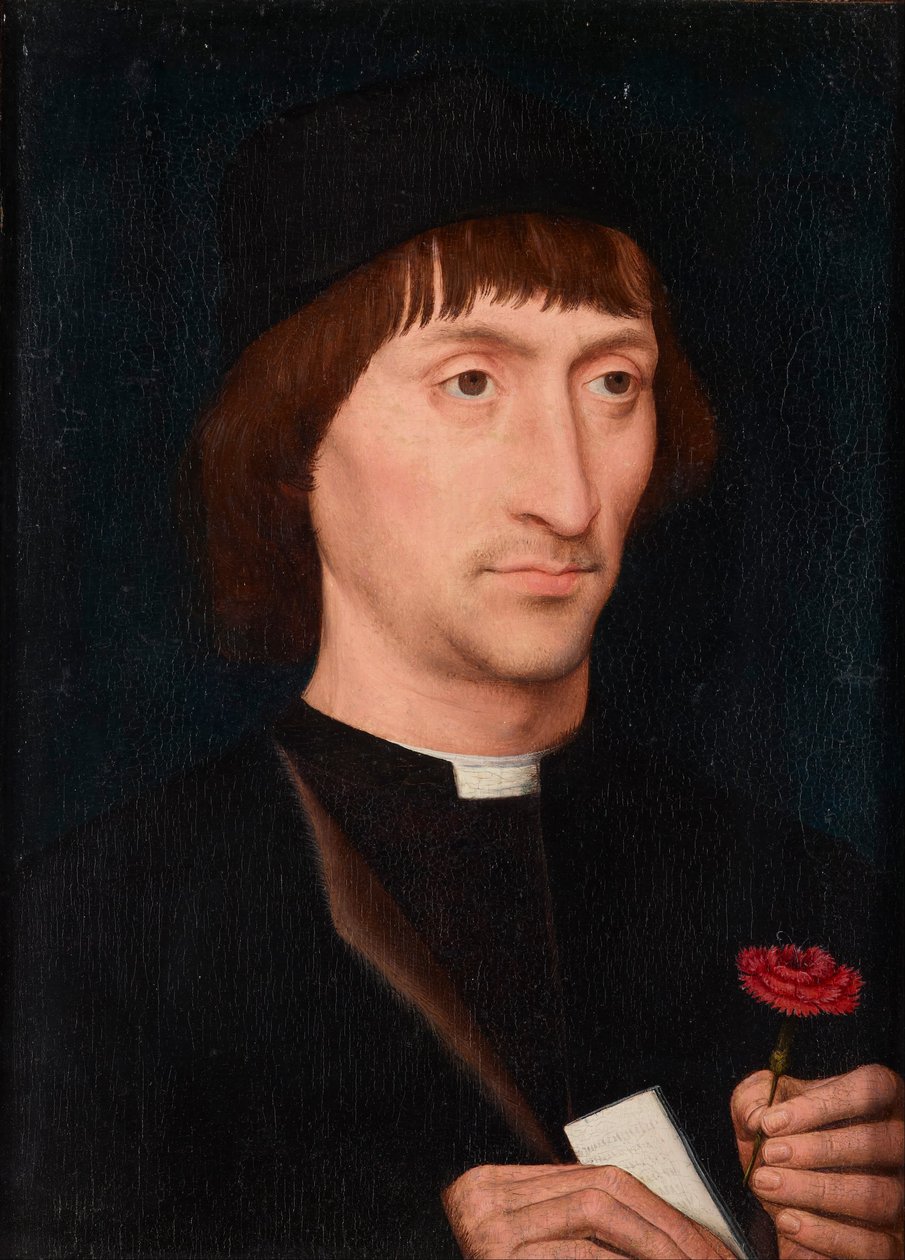 Portret van een man met een roze door Hans Memling